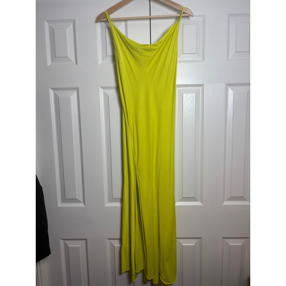 Neon Yellow Cowl Neck Maxi Dress with Side Slit and Tie Back Summer Formal